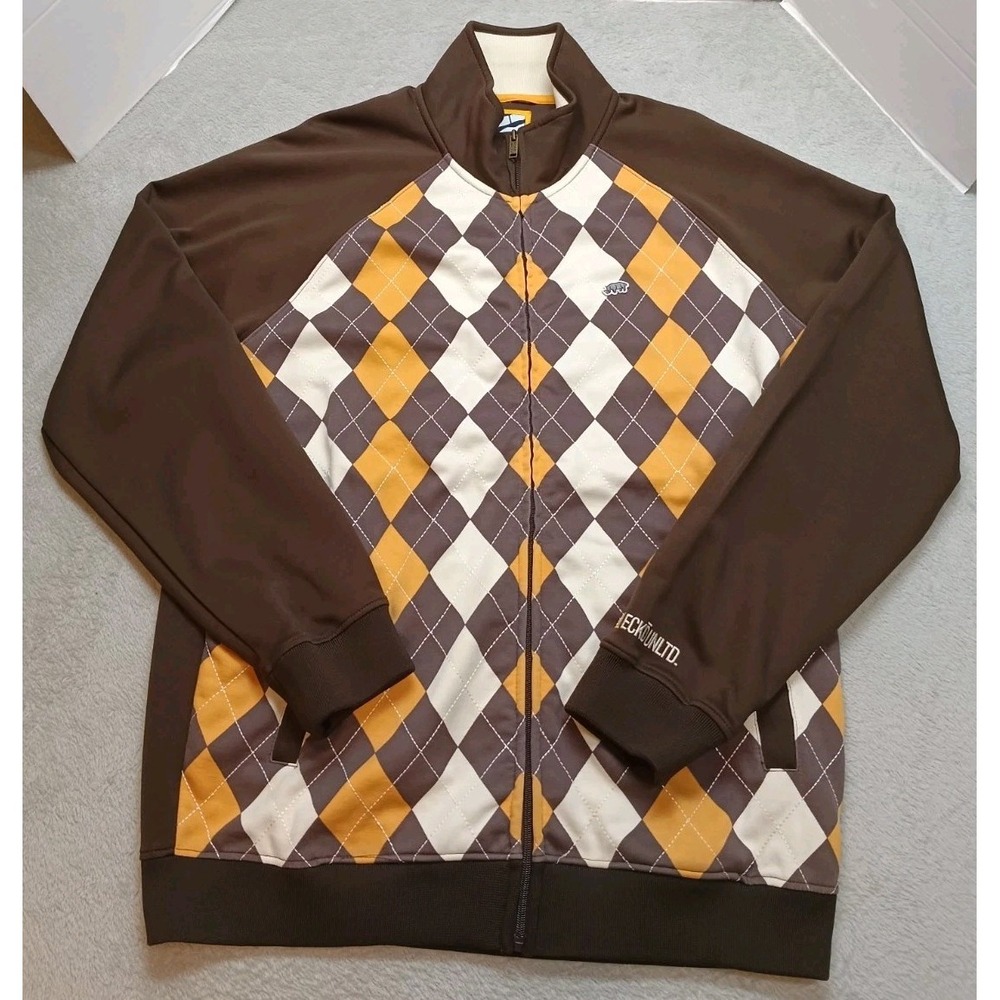 Ecko Unltd Y2K 90s Argyle Brown Yellow JACKET Size L Skater Streetwear Skater.